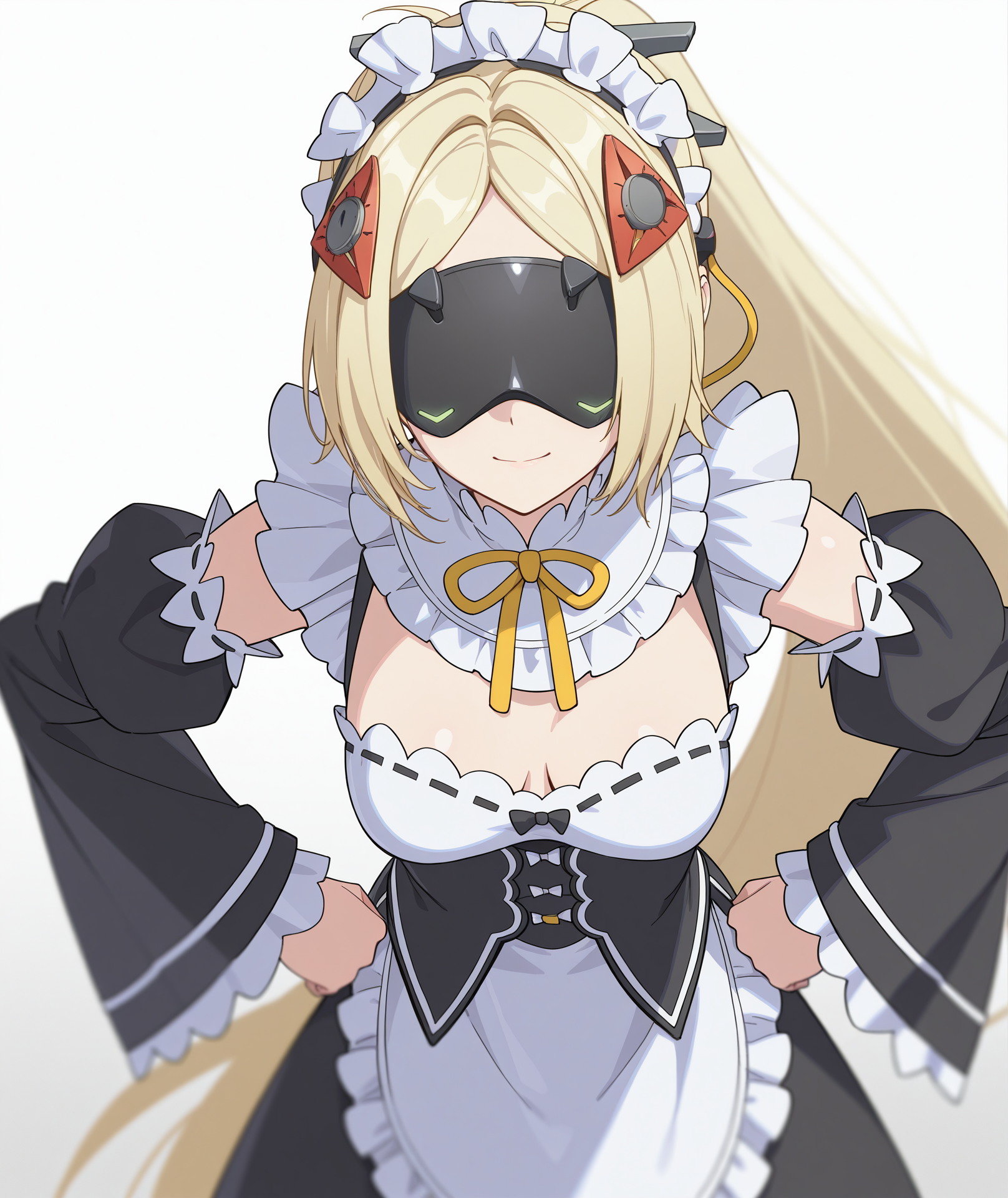 official art, absurdres, highres, anime coloring, hi res, best quality, masterpiece, 2d, intricate details, 4k,
1girl, solo, short hair, long hair, bangs, blonde hair, hair ornament, very long hair, ponytail, braid, parted bangs, forehead, mask, blindfold, mask, headgear, eye mask,
breasts, medium breasts, maid headdress, maid apron, maid, roswaal mansion maid uniform, detached sleeves, cosplay, parody,
cowboy shot, foreshortening, looking at viewer, hands on own hips,
depth of field, white background, gradient background, <lora:Trigger_ILXL:1>, zenless zone zero,