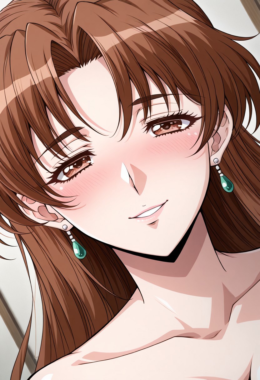 masterpiece, best quality, newest, highres, uncensored, 1girl, yokota mamoru style,1girl, slender face，motion lines,torogao,looking at the viewer,seductive smile,blush
Shiria,Brown Hair,Brown Eyes，long hair，
Slim solo, open eyes, earrings, jewelry, long hair, blush, close-up,, dutch angle, portrait,happy