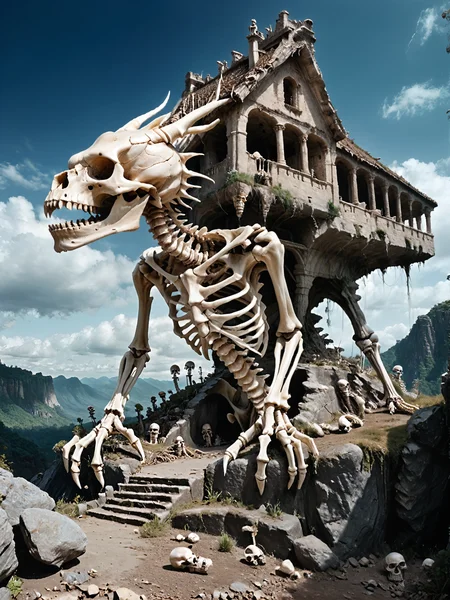 score_9, score_8_up, score_7_up, realistic, a dragon skeleton, standing on a rocky precipice overlooking a vast, sunlit alien landscape valley dotted with ancient ruins and dense forests. Distant waterfalls. Storm clouds gather, their deep grays contrasting with the vibrant emerald and gold tones of the alien landscape below, boneswm, nmskyrim, 8k, photorealistic, photorealism, uhd, ultra-detailed