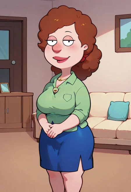 score_9,score_8_up,score_7_up,score_6_up,best quality, 1girl, solo, living room, couch, indoors,
BREAK
unnamed girl, brown hair, black eyes, big nose, (mature female:1.5), (plump:1.2), large breasts, gigantic hips, thick thighs, green sweater, rolled up sleeves, blue skirt, stockings, own hand together, blush, smile, looking at viewer, long skirt, half-closed eyes, necklace,