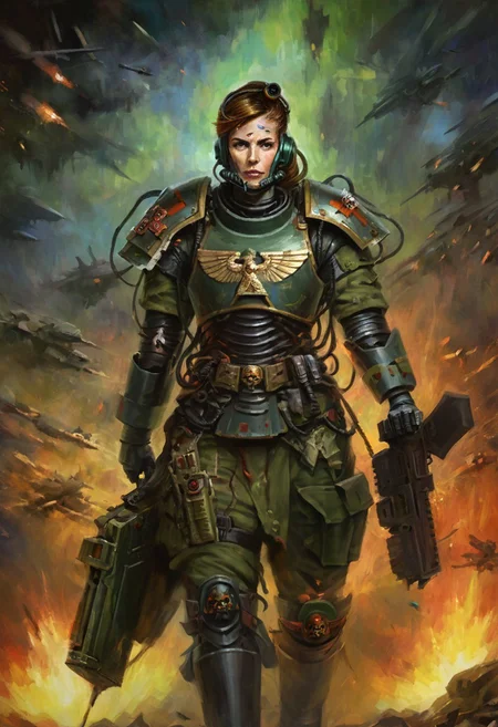 w4rh4mm3r style oil painting, intricate, grimdark,, detailed, retro military infantry commander, female, damaged battle armor, nuclear cyberspace background