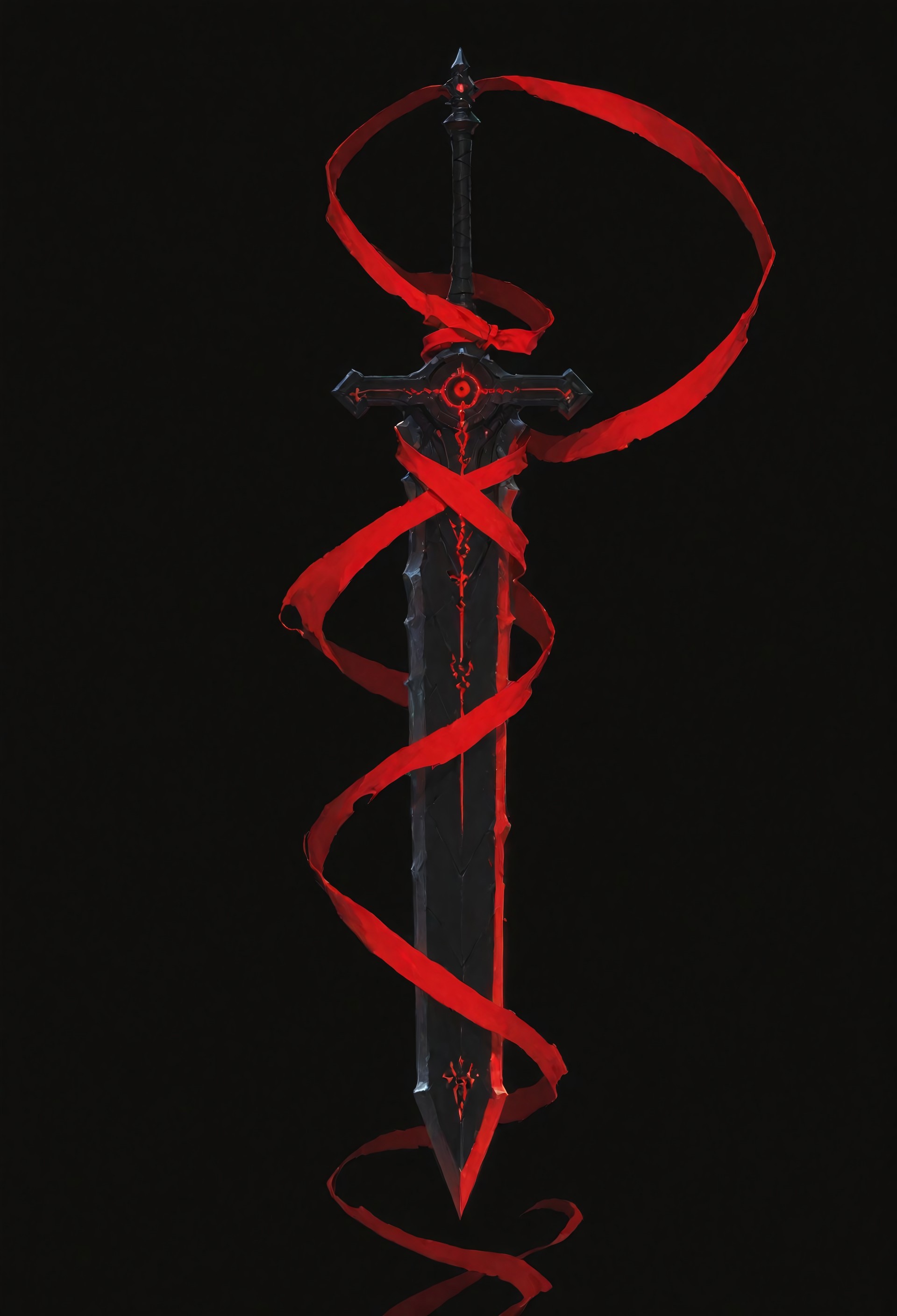 lazypos, vera_awa, EdgeOfAvarice, greatsword, glowing red runes, dark fantasy, demonic weapon, elegant, single weapon, extremely high detail, glowing runes, power, flowing ribbon, black background, dutch angle, floating, crimson energy 