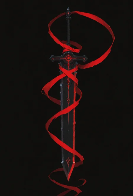 lazypos, vera_awa, EdgeOfAvarice, greatsword, glowing red runes, dark fantasy, demonic weapon, elegant, single weapon, extremely high detail, glowing runes, power, flowing ribbon, black background, dutch angle, floating, crimson energy