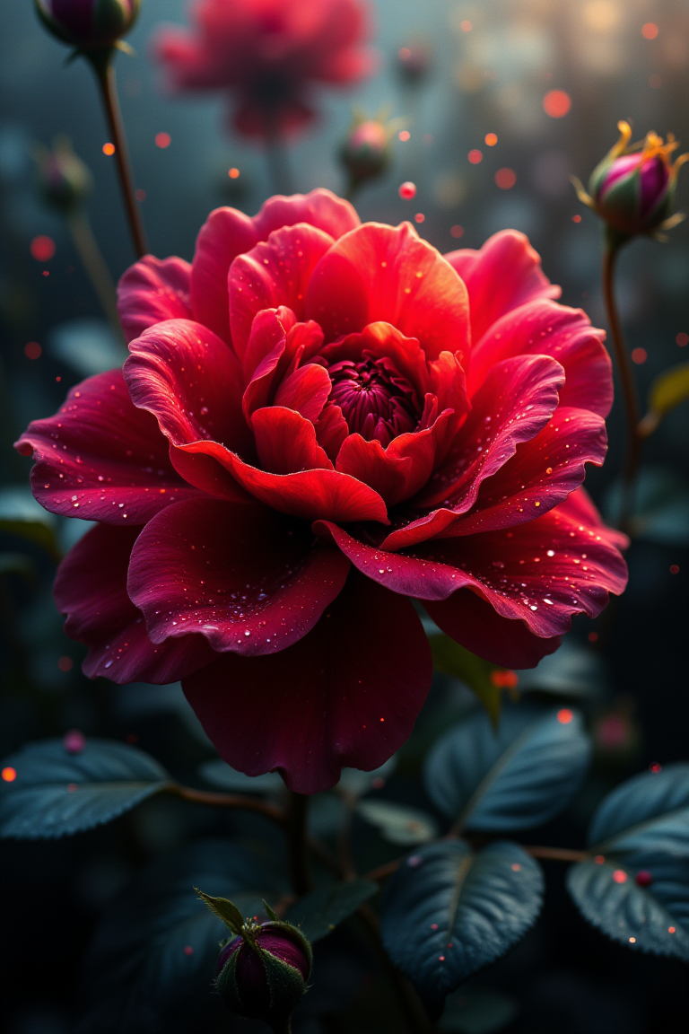 "A close-up of a beautiful red rose with dew drops on its petals, glistening under the soft light of a rainy day. The petals are rich, velvety, and deep crimson, with delicate rain droplets scattered across the surface, reflecting the light. The background is blurred, showing hints of green leaves and a soft mist, evoking a calm, serene atmosphere. The texture of the rose is enhanced by the wetness of the raindrops, giving the flower a fresh, vibrant look. The image conveys both elegance and tranquility, with a sense of natural beauty and renewal.",(masterpiece), best quality, expressive eyes, perfect face,(UHD:1.1),colors,(hyper detailed:1.1),intricately detailed,(fantastical:1),intricate detail,splash screen,(fantasy:1),(4k resolution:1),(masterpiece:1.1),complex background,(intricate detailed:1.1),bright colors,concept art,digital art,intricate,expert,insanely detailed,velvet_myst,aidmafluxpro1.1