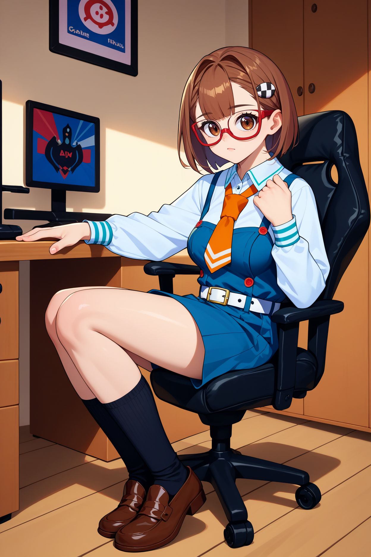 score_9, score_8_up, score_7_up, score_6_up, source_anime, 1girl, solo,  <lora:hitomichris-pdxl-nvwls-v1-000005:1> hitomichris, brown hair, short hair, brown eyes, hairclip, red glasses, white shirt, long sleeves, orange necktie, pinafore dress, blue dress, white belt, big breasts, black socks, brown shoes, sitting, full body, indoors, looking at you, from side, gaming chair