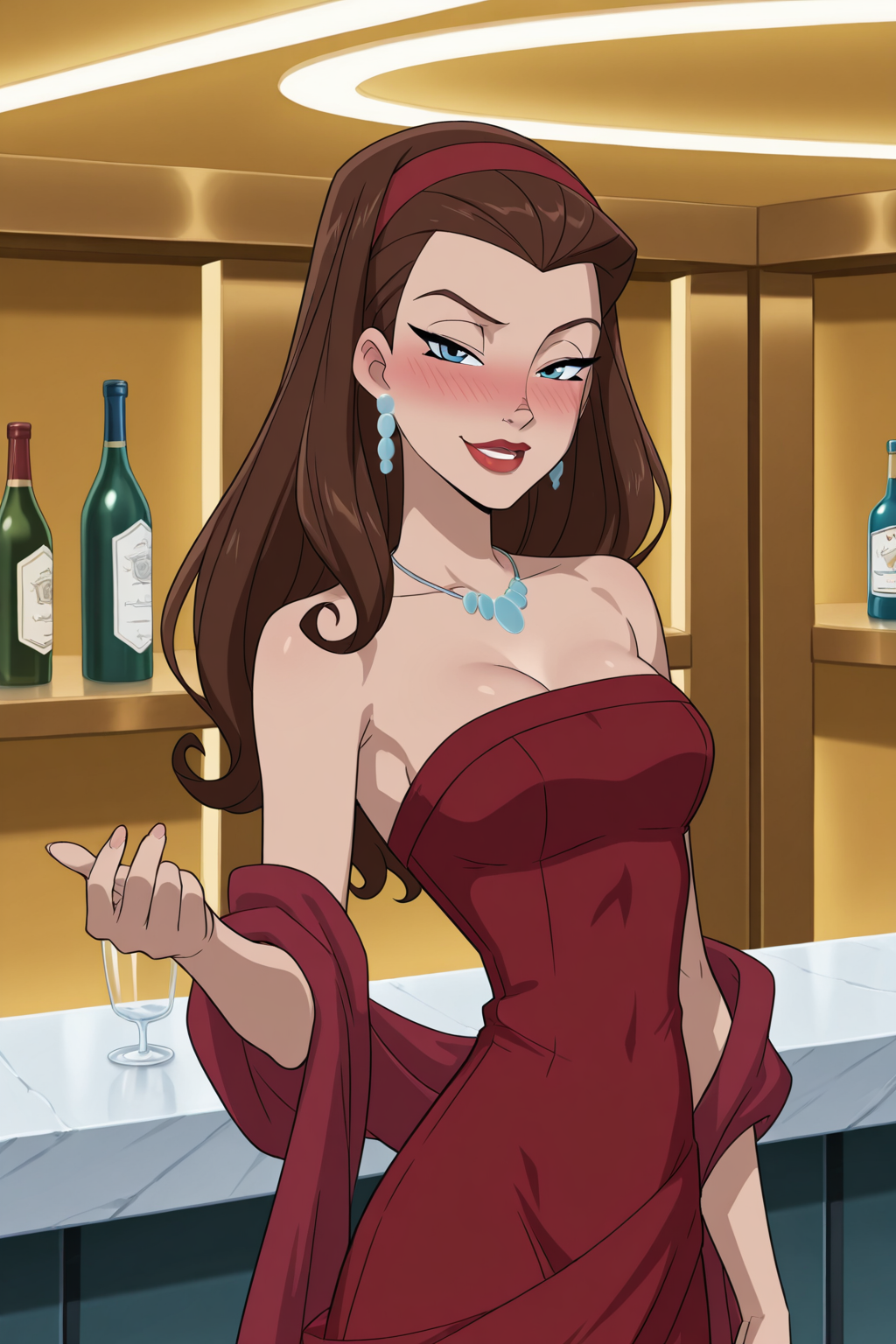 (((parody, animification, anime coloring)), perfect anatomy, perfect eyes, cowboy shot) BREAK  <lora:ScarletWitchIL:1> wanda, long hair, brown hair, blue eyes, lipstick, red lips, sultry eyes, naughty face, half-closed eyes, blush, drunk, ((looking at viewer)), hairband, jewelry, earrings, necklace, bare shoulders, shawl, strapless dress, red dress, medium breasts, sultry pose, relaxing at luxurious bar, showing off body, beckoning to join, arched back