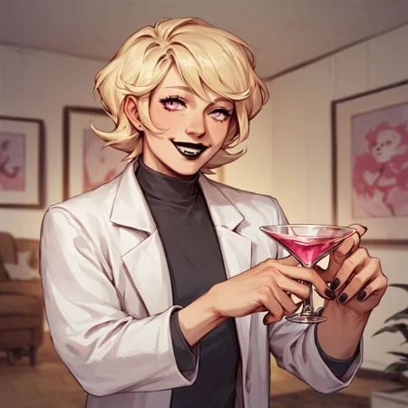 score_9, score_8_up, score_7_up, best quality, OverallDetail, Roxy Lalonde, blonde hair, short hair, pink irises, black lipstick, lab coat, holding martini, living room, in house, smiling