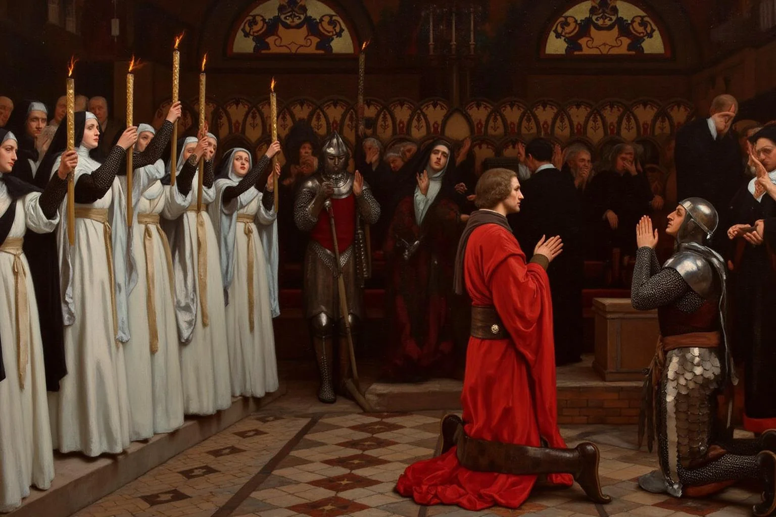 edwinabbey1 painting.
A medieval scene set within a grand, ornately decorated church. On the left, a group of nuns are lifting up burninging candles. On the right, a knight in medieval armor kneels before a man praying in a flowing red robe.
<lora:edwinabbey1_cap_d6a3:1.0><lora:837010562731990564:0>