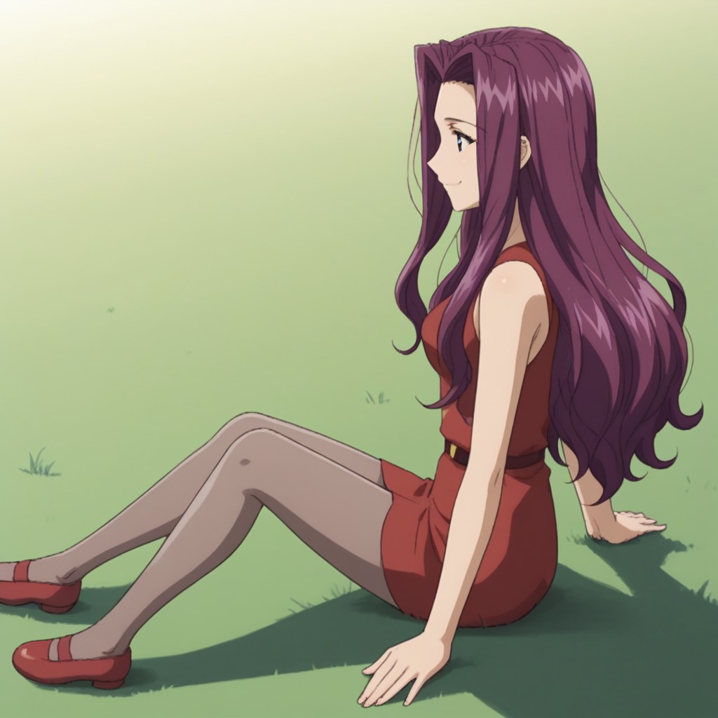 score_8, score_9, break, solo, Kagurazaki_Miyabi, purple hair, long hair, dress, pantyhose, sitting, grass, smile, natural lighting