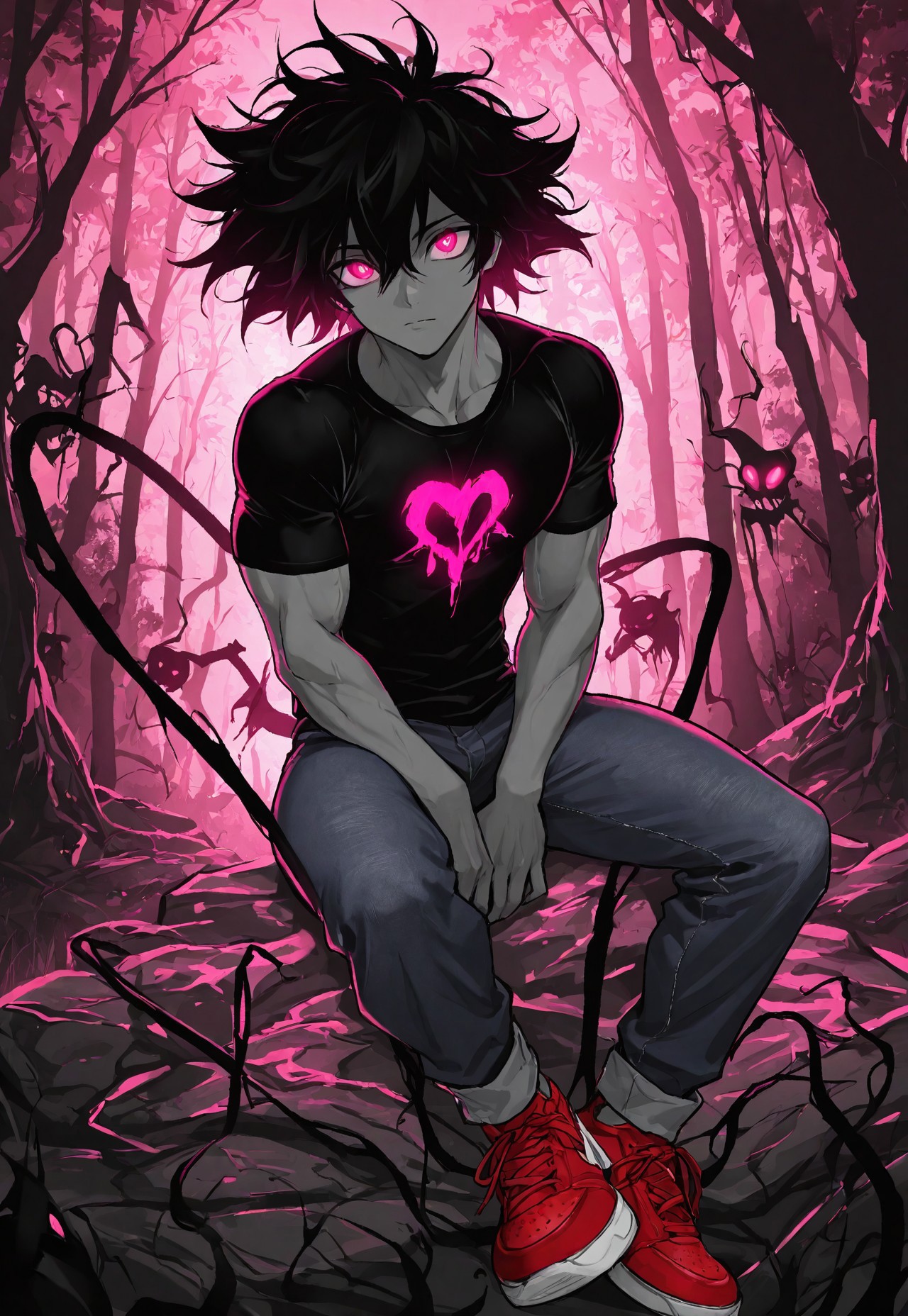masterpiece, best quality, amazing quality, very aesthetic, absurdres, newest, detailed background, antiKH, 1boy, solo, messy hair, bangs, muscular, t-shirt, jeans, red sneakers, pink eyes, glowing eyes, spot color, neon palette, orange, heart, pink, heartless, outdoors, forest