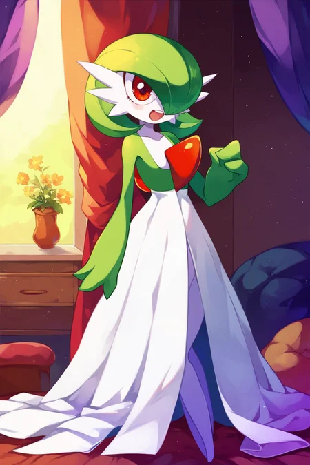 score_9, score_8_up, score_7_up, score_6_up, score_5_up, score_4_up, masterpiece, high quality, BREAK, full body, BREAK, 1girl,   <lora:Gardevoir[Pony]:0.8> Gardevoir, white skin, short hair, red eyes, white dress, pokemon (creature), red crest on chest, green sleeves, shiny,
