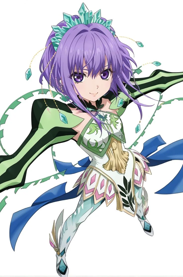 <lora:add-detail-xl:1>source anime, detailed, official art, masterpiece,
<lora:HandFineTuning_XL:1>
BREAK,
white background,
standing, light smile, dynamic pose, dynamic angle,
BREAK,
<lora:littlequeen_pdxl_v01:0.8>littlequeen, purple hair, purple eyes, sidelocks, short hair, green dress, hair ornament, puffy sleeves, clothing cutout, tight pants, white tight pants, white footwear, chain,