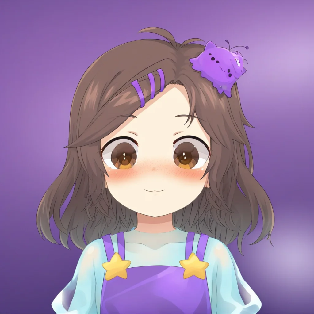 spacecat, purple dress, light blue transparent shirt, hair ornament, brown eyes, nimu,