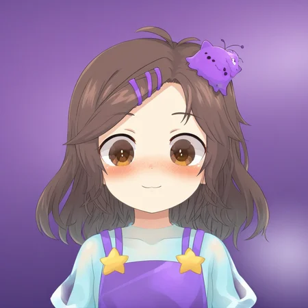 spacecat, purple dress, light blue transparent shirt, hair ornament, brown eyes, nimu,