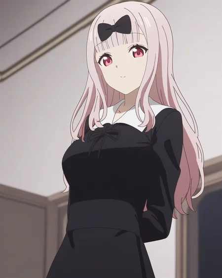 best quality,masterpiece,highres,1girl,solo,newest,rating: general, looking at viewer , <lora:Chika_XL:0.9> ,(chika, long hair, bow, pink hair, blunt bangs, black bow, fujiwara chika, hair bow), (school uniform, shuuchiin academy school uniform, black dress)