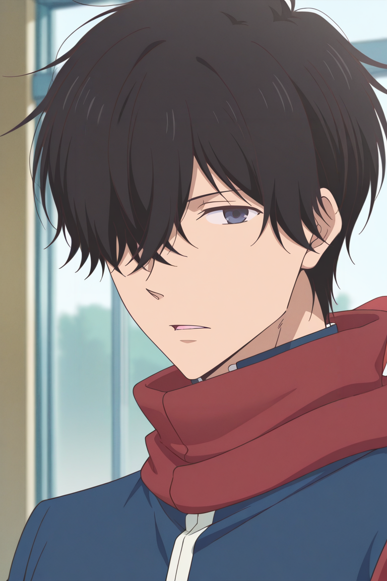 masterpiece, best quality, amazing quality,high resolution, intricate details,official style,depth of field,anime screencap,anime coloring , , , 1boy, solo, male focus, <lora:Nezu_Chuukichi:0.95>,nezu chuukichi,black hair,dark gray eyes,short hair,hair over eye,blue jacket,scarf,school uniform,high collar,red scarf, parted lips,indoors,gakuran,looking at viewer,school,from side