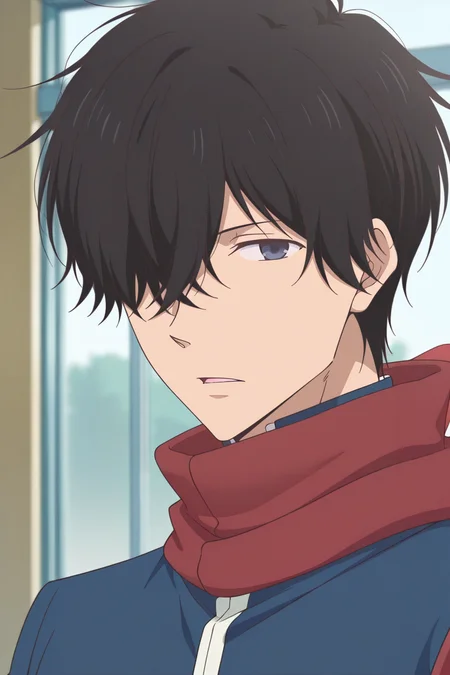 masterpiece, best quality, amazing quality,high resolution, intricate details,official style,depth of field,anime screencap,anime coloring , , , 1boy, solo, male focus, <lora:Nezu_Chuukichi:0.95>,nezu chuukichi,black hair,dark gray eyes,short hair,hair over eye,blue jacket,scarf,school uniform,high collar,red scarf, parted lips,indoors,gakuran,looking at viewer,school,from side