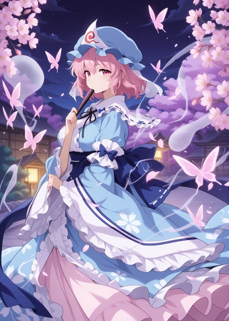absurdres, highres, masterpiece, best quality, amazing quality, official anime artwork, screencap, anime screencap, outdoors, looking at viewer, serious, dynamic pose,
 <lora:Yuyuko-Saigyouji_IllustriousV2:1> saigyouji yuyuko, 1girl, solo, pink eyes, pink hair, short hair, medium large breasts,, mob cap, triangular headpiece, blue kimono, long sleeves,  wide sleeves, sash, ribbon, floral print, 
pink butterfly, night, cloud, star, holding fan, sakura,
