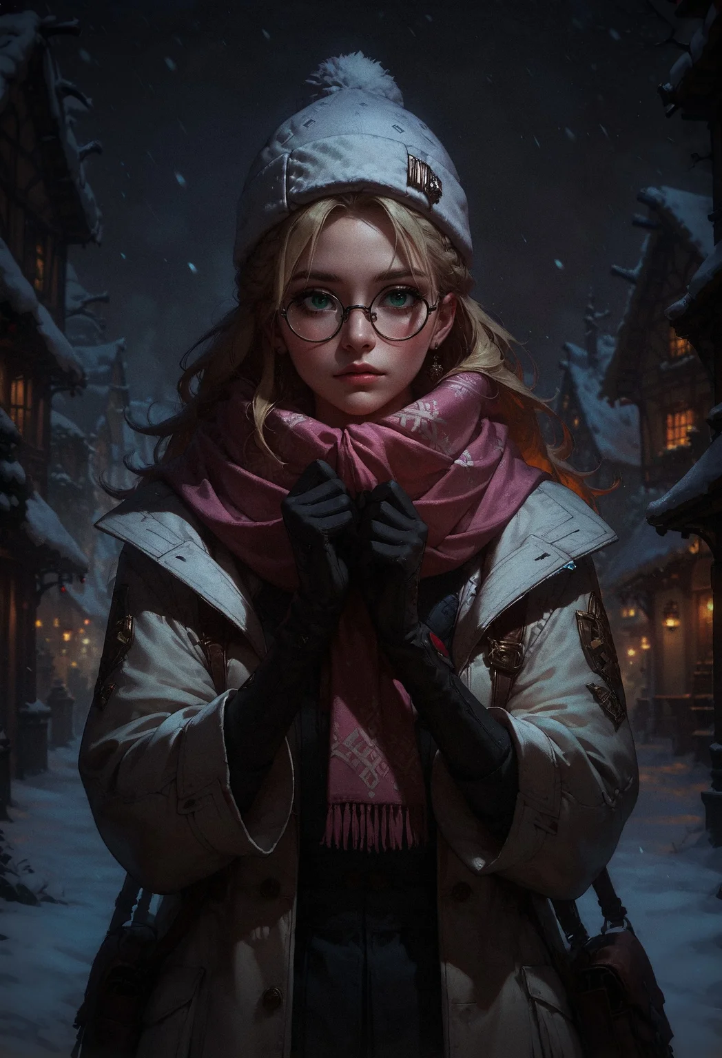 score_9, score_8_up, score_7_up, score_6_up, score_5_up, score_4_up, 1 girl, blonde hair, long hair, crownbraid, snowcap, round eyewear, glasses, white winter furcoat, snow, standing, in snow, night, solo, bokeh, orange lighting, pink scarf, hand on scarf, green eyes, black gloves, close up, pleading, moonlight, snowing <lora:sdxl\Concept Art DarkSide Style LoRA_Pony XL v6:0.8>, concept art, realistic, <lora:sdxl\Expressive_H-000001:0.8>, expressiveH <lora:sdxl\pony_OldAnimeStyle_XL_v3:0.4>, 1990s \(style\), vintage <lora:sdxl\sinfully_stylish_SDXL>