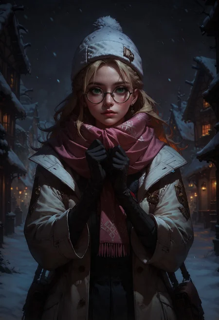 score_9, score_8_up, score_7_up, score_6_up, score_5_up, score_4_up, 1 girl, blonde hair, long hair, crownbraid, snowcap, round eyewear, glasses, white winter furcoat, snow, standing, in snow, night, solo, bokeh, orange lighting, pink scarf, hand on scarf, green eyes, black gloves, close up, pleading, moonlight, snowing <lora:sdxl\Concept Art DarkSide Style LoRA_Pony XL v6:0.8>, concept art, realistic, <lora:sdxl\Expressive_H-000001:0.8>, expressiveH <lora:sdxl\pony_OldAnimeStyle_XL_v3:0.4>, 1990s \(style\), vintage <lora:sdxl\sinfully_stylish_SDXL>