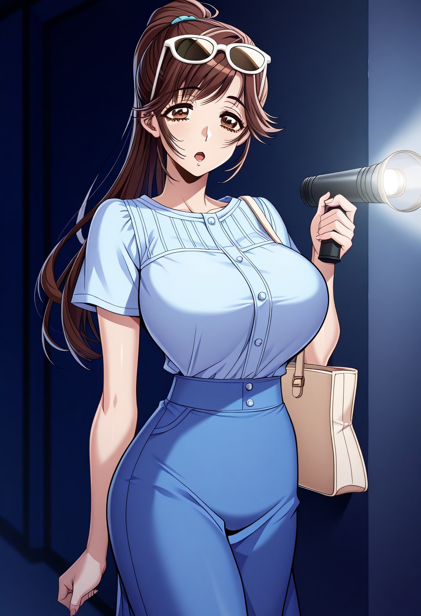 masterpiece, best quality, newest, highres, uncensored, 1girl, yokota mamoru style,1girl,
Ichijou Fuuko,Brown Hair, Long Hair, Parted to Side, Ponytail, Spiky Bangs,Brown Eyes, Tareme Eyes,Big Breast, Slim
1girl, solo,  long hair, eyewear on head, skirt, handbag, open mouth, sunglasses, flashlight, bag, short sleeves, holding