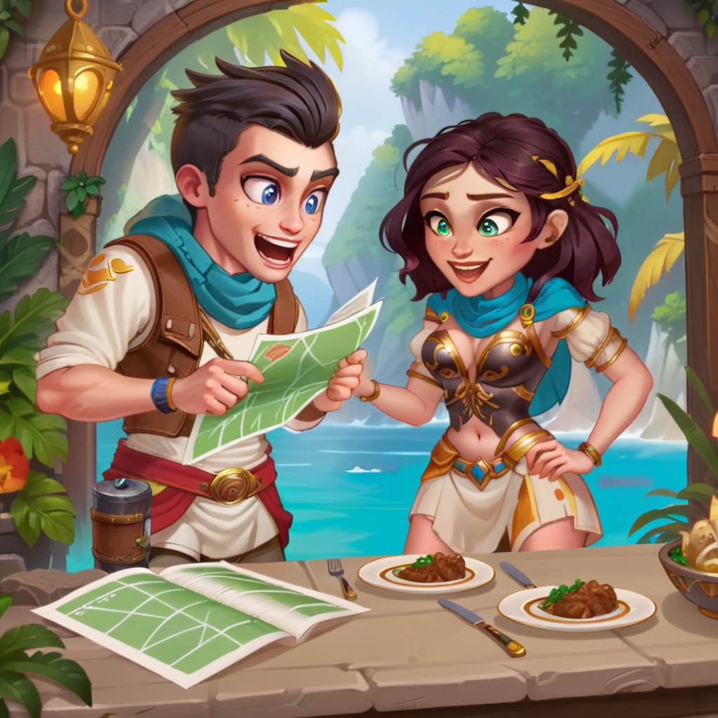 A cartoon-style depiction of a male and female adventurer duo dining together in a lively restaurant. The scene is vibrant and filled with whimsical details, capturing the adventurers' animated expressions as they share tales of their journeys over a hearty meal. The restaurant is adorned with exotic decorations, hinting at the many cultures they've encountered. The male adventurer sports a rugged outfit with a map poking out of his pocket, while the female adventurer's attire is both practical and stylish, her eyes sparkling with laughter, <lora:herowars:0.85>