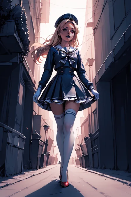 1woman, sexy, petite, skinny legs, long hair, blonde hair, <lora:Sailor:1> Jed-Salr, Navy Blue Mini Dress, White Trim,  White Sailor Collar,  Nautical Stripes,  White Thigh-High Stockings, Red Heels, Sailor Hat,  White Gloves, Sailor Cuffs, White Petticoat, walking on a coastline, viewer looking from below, upskirt,, score_9, score_8_up, score_7_up, score_6_up, score_5_up, score_4_up, <lora:K040790P:0.4> 040790P, woman, 24 years old, <lora:Breast Slider - Pony_alpha1.0_rank4_noxattn_last:1>, (tiny waist, flat stomach, narrow hips), <lora:Aesthetics_Enhancer_pony:0.8> EnhanceImage, <lora:GRIM_v1:1>  greyscale, monochrome, limited palette, horror (theme), eldritch abomination, chaotic, silhouette,