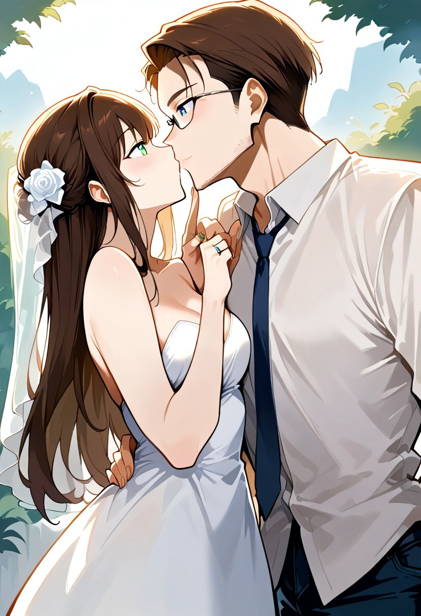 score_9, score_8_up, score_7_up, score_6_up, score_5_up, score_4_up, highres, 1boy, 1girl, c4n6y marrying 43r0n,
BREAK
1girl, 4l4y4, green eyes, brown hair,
BREAK
1boy, 43r0n, brown hair, blue eyes,
BREAK
wedding dress, black wedding suit, happy, kissing, golden ring, ring finger, ring on finger, outside, cliff edge, wedding scene, flower arch, source_anime, ntm,