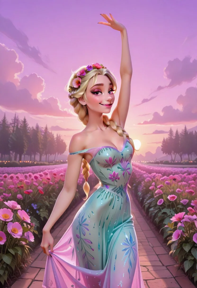 ElsaXL, 1girl, solo, POH-Illu, flowers, hair flowers, hair ornament,
fae, fairy, playful, sexy, teasing, dancing, in a garden, sunshine, puffy clouds, hazy sunshine,
slender, long hair, braided hair,
intricate sundress, festival dress,
slender hips, tiny waist,
strap slip, cleavage, small breasts,
masterpiece, best quality, newest, absurdres, highres, very awa