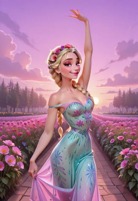 ElsaXL, 1girl, solo, POH-Illu, flowers, hair flowers, hair ornament,
fae, fairy, playful, sexy, teasing, dancing, in a garden, sunshine, puffy clouds, hazy sunshine,
slender, long hair, braided hair,
intricate sundress, festival dress,
slender hips, tiny waist,
strap slip, cleavage, small breasts,
masterpiece, best quality, newest, absurdres, highres, very awa