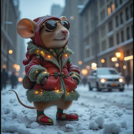 a detailed and realistic image of a mouse wearing a costume with xmas theme and colorful socks, the clothing have small lighting accessories simulating a Christmas garland lights, with intricate details in the fabric, accessories in the body and sunglasses reflecting the city lights. the mouse is looking at the sky and a little amount of snow is accumulated in his face and body, the location is a snowing city at midnight, snow is falling and a frozen car is in the background, city lights shines in the street and reflects in the ground. a dense amount of fog is floating in the scene with light particles.