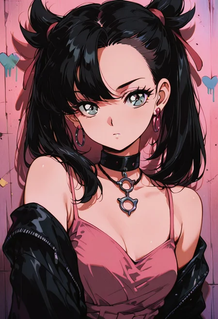 masterpiece, best quality, 1girl, solo, eyelashes, (beautiful eyes), zzMarnie, aqua eyes, black choker, red ribbon, pink dress, jewelry, black jacket, open clothes, long sleeves, looking at viewer, jewelry, collarbone, upper body, heart, earrings, choker, necklace, off shoulder, black eyes, black dress, parted bangs, black choker, film grain, looking at viewer, black hair, bare shoulders, upper body, off shoulder, black dress, black choker, hoop earrings, 1980s (style), film grain,