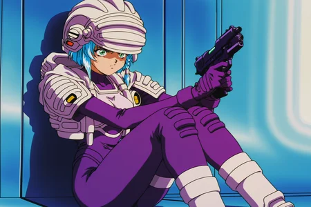 anime coloring, anime screencap, masterpiece, best quality, amazing quality,
1990s (style), retro artstyle,
<lora:All_4_DNA²_heroines_Ami_Kurimoto_Karin_Aoi_Kotomi_Takanashi_and_Tomoko_Saeki:.9>
Karin Aoi, 1girl, solo, blue hair, short hair, braid, green eyes, sitting, purple bodysuit, helmet, holding a gun, conflicted expression