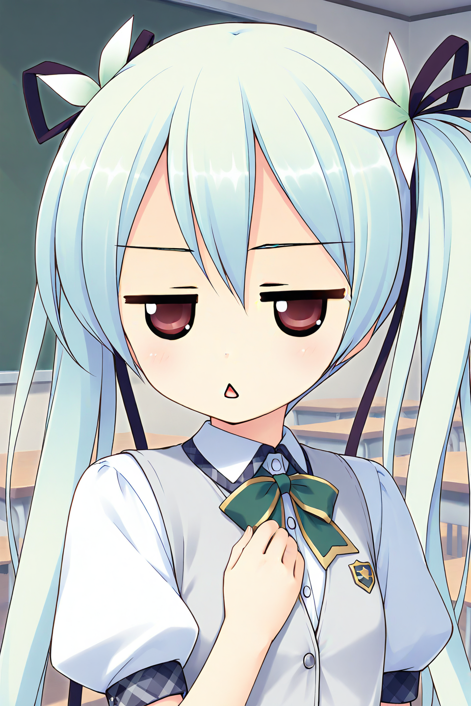 masterpiece, best quality, absurdres, official art, official style, general BREAK <lora:sawatarinanagi_IL_v1-2:0.7>, sawatari nanagi, 1girl, solo, red eyes, aqua hair, blue hair, hair between eyes, short hair, twintails, hair ribbon, black ribbon, hair flower, white flower, petite, flat chest, school uniform, grey vest, sweater vest, white shirt, collared shirt, green bowtie, buttons, puffy short sleeves, arm ribbon, green ribbon, portrait, upper body, close-up, indoors, classroom,
blush, chestnut mouth, comic, half-closed eyes, jitome, looking at viewer, meme, no nose, open mouth, parody, triangle mouth