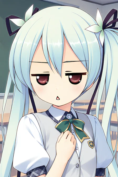 masterpiece, best quality, absurdres, official art, official style, general BREAK <lora:sawatarinanagi_IL_v1-2:0.7>, sawatari nanagi, 1girl, solo, red eyes, aqua hair, blue hair, hair between eyes, short hair, twintails, hair ribbon, black ribbon, hair flower, white flower, petite, flat chest, school uniform, grey vest, sweater vest, white shirt, collared shirt, green bowtie, buttons, puffy short sleeves, arm ribbon, green ribbon, portrait, upper body, close-up, indoors, classroom,
blush, chestnut mouth, comic, half-closed eyes, jitome, looking at viewer, meme, no nose, open mouth, parody, triangle mouth