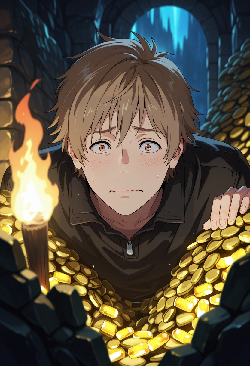 masterpiece, best quality, , (photorealistic:0.6), , 1boy, solo, male focus, <lora:shun_hashimoto_ilxl:0.9>, shun_hashimoto, brown hair, brown eyes, short hair, dragon's lair, treasure pile, glowing crystals, steam vents, sneaking pose, nervous expression, torch light,