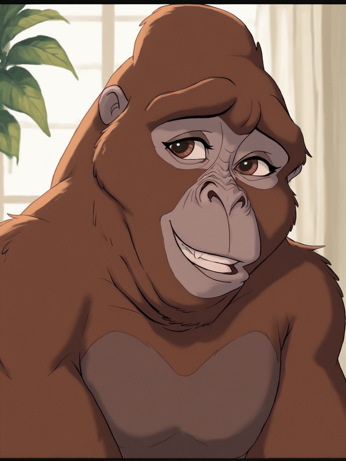 score_9,score_8,source_furry,
<1girl:1.5>,
<solo:1.5>,
kala_tarzan, kala_gorilla, gorilla girl, solo, smile, no humans, teeth, female focus, letterboxed, 1girl, monkey, 1girl, brown fur, furry female,cute, cute eyes,long eyelashes,feminine,sexy,
<lora:Kala_Tarzan:1> kala_tarzan