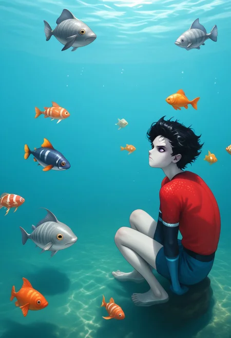score_9, score_8_up, score_7_up, boy finds a six-pack plastic rings at the bottom of the sea, swims in the sea, annoyed expression, 1boy, Aqualad, Black Hair, Purple eyes, (((Year One, Grey Skin, Pointy Ears))) red scale shirt, blue gloves, blue shorts, barefoot, fully submerged, fish, water, masterpiece, school of fish, seaweeds, seashells, bubbles, light beams, light coming from above, best quality, ultra-detailed, studio photo, 8k cg wallpaper, Light sources around, fully illuminated body, white balance, more_details:1.5