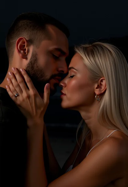 photorealistic:1.8), (ultra realistic:1.7). (instagram influencer photo:1.8).score_9, score_8_up, score_7_up, 1 uomo,1 donna,sublime fashion italian man model ,with short black hair and with short beard, Blue eyes,camicia nera , night ,scene, hyper realistic,symbolism, and sublime fashion (caucasian woman),29 years old,model with long white hair and full lips and blue eyes indossa una camicia a rete bianca,romantic ,deep kiss ,hug,perfection style,denti,labbra socchiuse,guardando il visualizzatore,8k,capolavoro,messa a fuoco nitida,grafica RAW a colori ad alto dettaglio