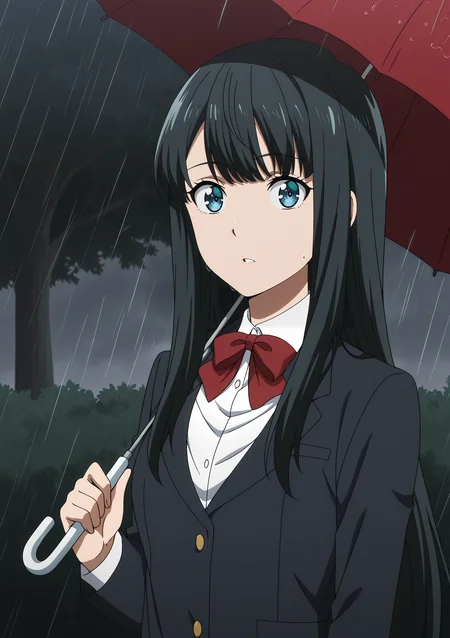 volumetric lighting, official style, amazing quality, ultra detailed, highres, detailed background,anime coloring, (anime screencap) masterpiece, detailed face,1girl<lora:Suzune_Inukami__:0.9>Suzune_Inukami, umbrella, solo, black hair, long hair, rain, blue eyes, holding, bow, school uniform, red bow, outdoors, holding umbrella, jacket, tree, upper body, white shirt, bowtie, looking at viewer, shirt, bangs, blazer, parted lips