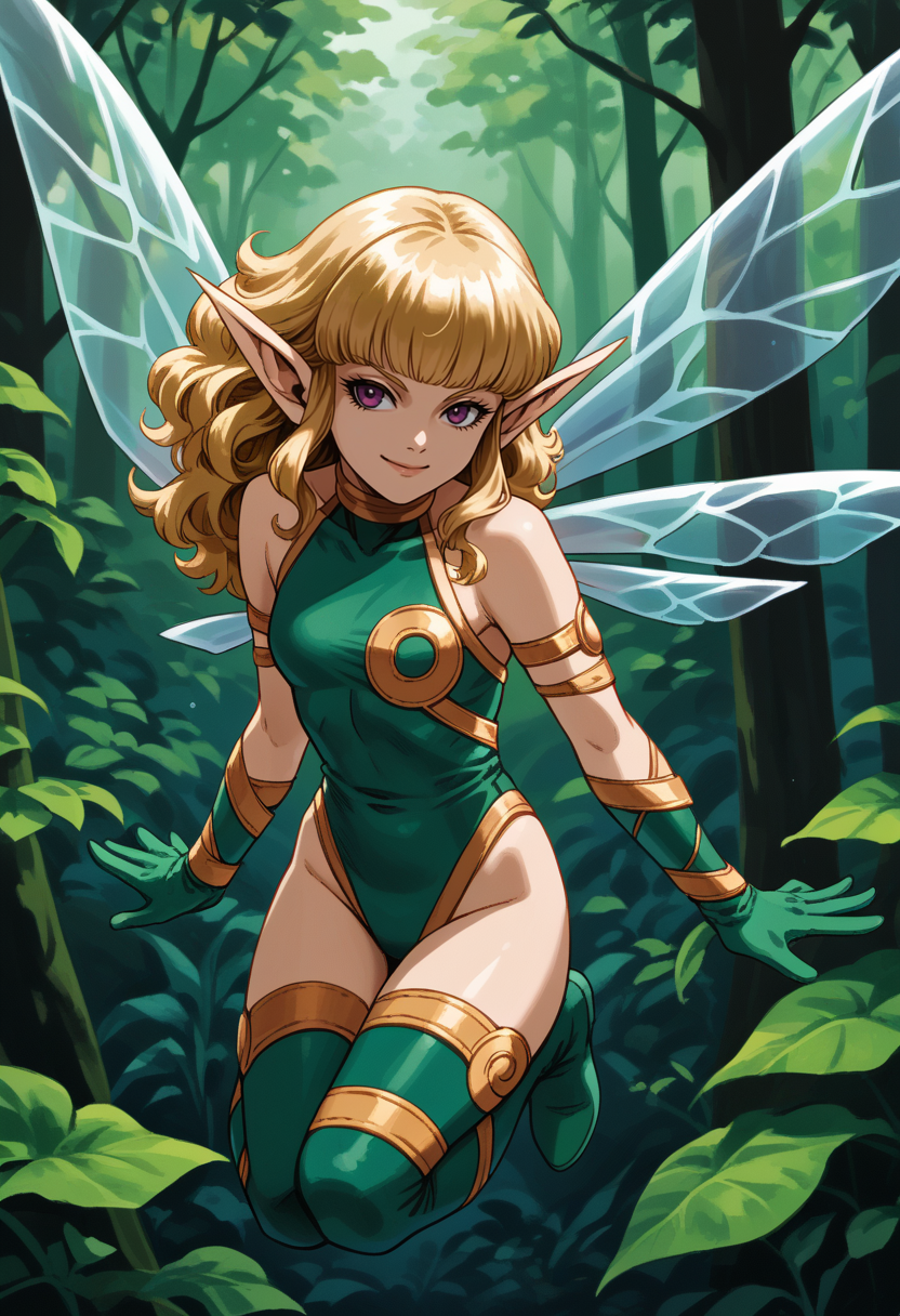 score_9, score_8_up, score_7_up, source_anime BREAK 1girl, solo, forest, looking at viewer, smile, flying,
<lora:zs_SylphXL:1> sylphsmt, blonde hair, long hair, pointy ears, fairy wings, green leotard, green gloves, green thighhighs