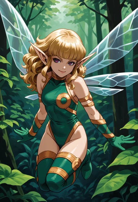 score_9, score_8_up, score_7_up, source_anime BREAK 1girl, solo, forest, looking at viewer, smile, flying,
<lora:zs_SylphXL:1> sylphsmt, blonde hair, long hair, pointy ears, fairy wings, green leotard, green gloves, green thighhighs