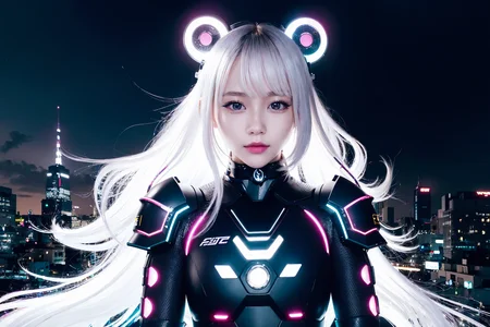 1girl,  white cyber armor, colorful long hair, battle stance, helmet, choker, DJ, smile
cityscape, cyberpunk, light smile, city pop,  neon lights,
cinematic lighting,  high contrast , dark sky, dim light,  from above angle
masterpiece, best quality,  solo, night, colorful, vector illustration <lora:epiNoiseoffset_v2:1> <lora:koreandolllikenessV20_v20:0.5>