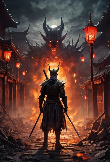 4k, high resolution, best quality, perfect colors, perfect shadows, perfect lighting, final showdown super illustration extremely detail, story of the brave, dark sky, false glory, supernatural existence, even if all hope is lost, seek more power, stepping on countless corpses and shouldering the burden of guilt, darkness of night fall, demon inside, all range, blood burning, blood moon, moonlight signpost with run through, wipe away the pain and sadness, until we tear apart the darkness and bring light, stir up blood, to weave hope, determined eyes, scary old face, stunning elaborate wand, following the scars, firelight scattered, in light and shadow, beautiful detail, heat haze in light and shadow, fiery, fire blazed on the ground, shed tears of fate, bloody road, fleeting prayer that scatters, until the afterlife, feel the last time, heartbeat double exposure, an impending strong enemy, goblin, hairless, wearing a crown, wearing samurai armor, oil painting, fantasy, digital art, highly detailed, overall detail, atmospheric lighting, Awash in a haze of light leaks reminiscent of film photography, awesome background, highly detailed styling, intricate details, highly detailed, cinematic, Chinese kingdom