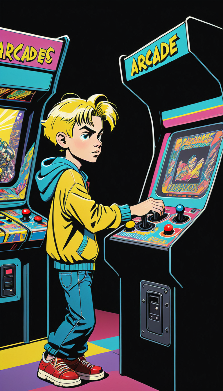 <lora:Everly Heights Comics:1> Pop Art style of a bustling 1990s arcade a teen boy playing one of the games, with vibrant neon lights and classic video game cabinets by Roy Lichtenstein and Andy Warhol, cinematic composition, trending on artstation.