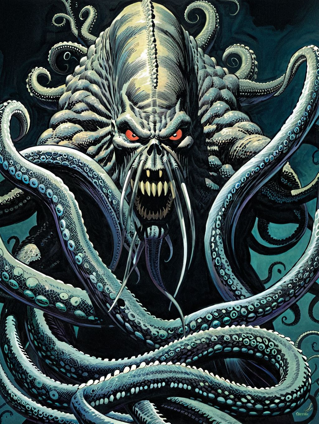color illustration in berniewrightson style, extremely detailed, masterpiece, tenebrism, high contrast, 
Kraken, comic book cover
  <lora:BernieWrightson_Style_XL_V4.1:0.7>