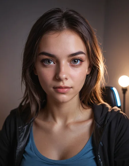 realistic face of a pretty girl gamer, streamer in gaming chair, in front of plain wall, looking into camera, reflection of ring light in eyes