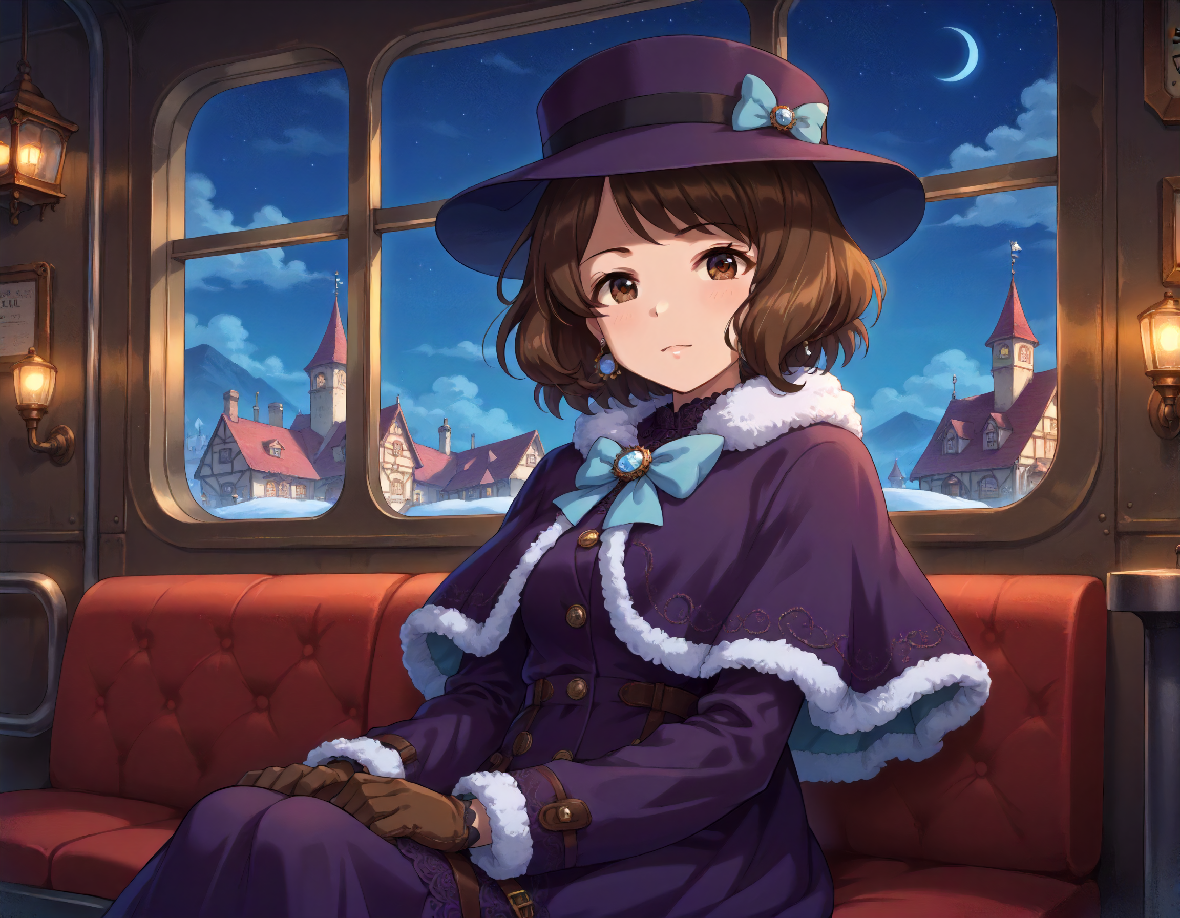 score_9,score_8_up,score_7_up,1girl,solo,sitting,looking at viewer,on the train,night train,window,steampunk,night sky,town,
<lora:nagatomihasumi_ponyXLV6:0.8>,cgnhs,
brown hair,short hair,brown eyes,
hat,earrings,purple capelet,fur-trimmed capelet,blue bowtie,purple dress,gloves