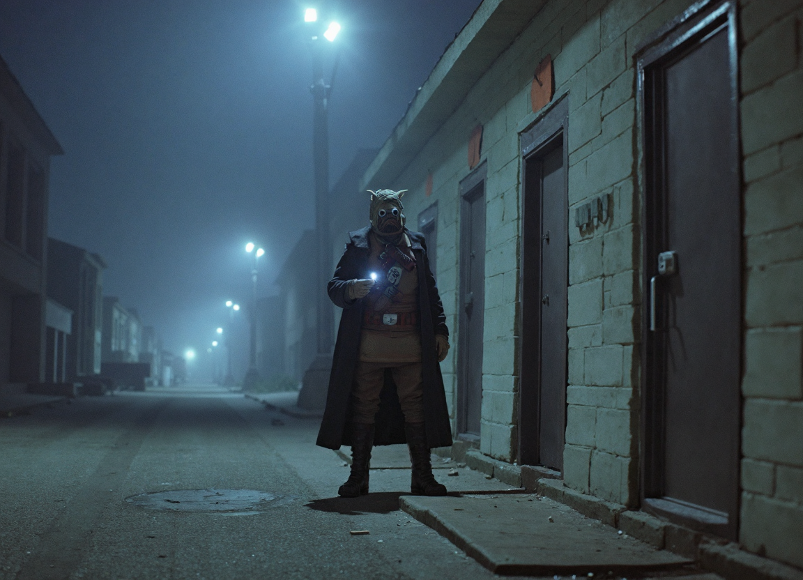 {"T5": ",A highly detailed photograph of a Tusken Raider from Star Wars, standing in a foggy, deserted street with flickering streetlights and dilapidated buildings. The Tusken Raider wears a long, dark coat and holds a flashlight, positioned in front of a large, dark door. Their expression is one of determination and fear, with a sad undertone. The image is captured from a slightly low angle, looking up at the Tusken Raider, emphasizing their imposing figure. The composition follows the rule of thirds, with the Tusken Raider placed off-center, their eyes aligned with the top third line. The fog swirls around them, partially obscuring the background, and the streetlights cast long shadows across the wet pavement.,", "CLIP-L": ",Tusken Raider, Star Wars, foggy deserted street, flickering streetlights, dilapidated buildings, long dark coat, flashlight, large dark door, sad expression, determination, fear, highly detailed photograph, detailed skin textures, detailed face, detailed eyes, modestly dressed, covered from shoulder to ankle, low angle, rule of thirds, golden ratio, imposing figure, swirling fog, wet pavement, long shadows,"}
<lora:Tusken_Raiders_-_Star_Wars_Flux:1.0>