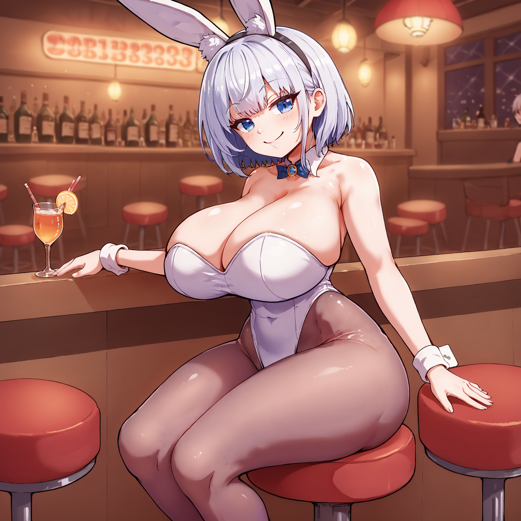 (masterpiece), best quality, (highly detailed), score_9, score_8_up, score_7_up, score_6_up, score_5_up, 1female, <lora:Masked_agent_style:0.8>, bunnygirl, fake bunny ears, white leotard, nightclub, short hair, white hair, blue eyes, pantyhose, smile, bar, sitting, stool, huge breasts, smug,